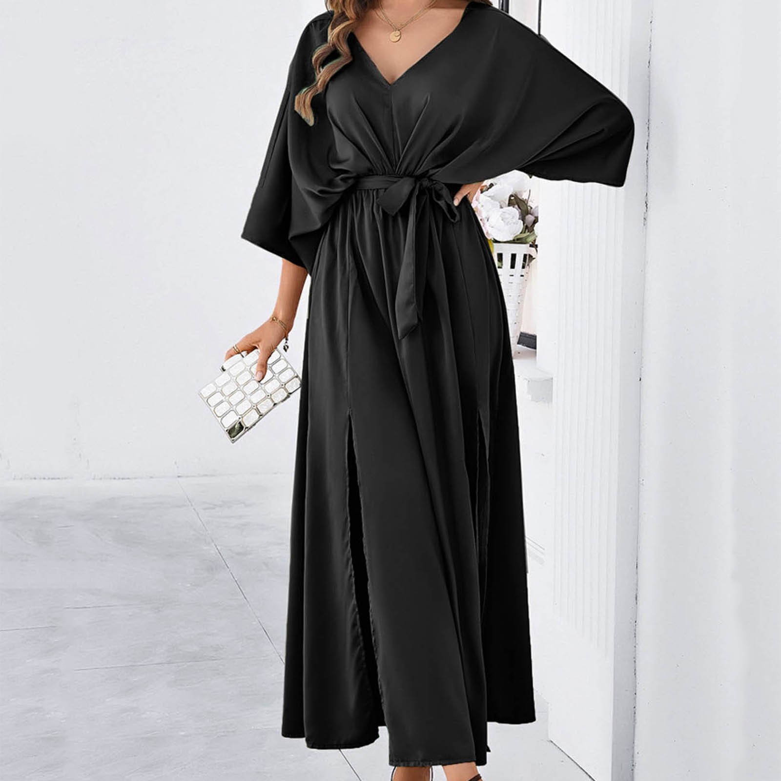 thumbnail image 2 of Vestido midi ajustado de color liso con cuello en V para mujer - Poliéster elástico, corte entallado favorecedor, adecuado para bodas y ocasiones formales, 2 of 7